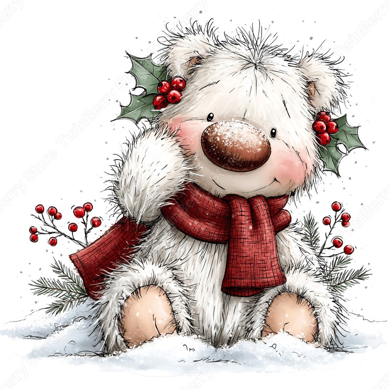 Puede incluir: Una ilustraci&oacute;n de un oso de peluche blanco y esponjoso con una bufanda roja texturizada, adornado con hojas de acebo verdes y bayas rojas brillantes en la cabeza y los lados, sentado en la nieve con agujas de pino y ramas de bayas.