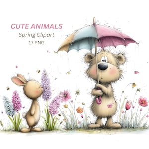May include: A charming watercolour illustration of a bear with an umbrella and a bunny amidst spring flowers. The image includes the text "CUTE ANIMALS Spring Clipart 17 PNG". The style is reminiscent of a children's storybook.