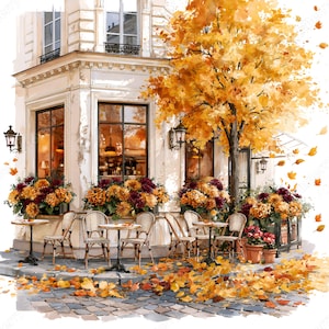 May include: A watercolor illustration of a corner cafe exterior with cream-colored walls, large windows, and outdoor seating featuring round tables and woven chairs. A large tree with vibrant yellow and orange autumn leaves stands nearby.