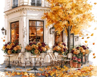 May include: A watercolor illustration of a corner cafe exterior with cream-colored walls, large windows, and outdoor seating featuring round tables and woven chairs. A large tree with vibrant yellow and orange autumn leaves stands nearby.