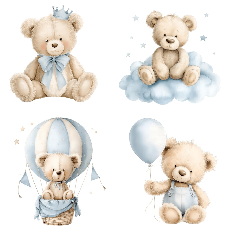Clipart aquarel teddybeer: blauwe babyknuffels png-set (digitale download 31 png's) afbeelding 2