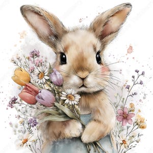 18 Clipart di coniglietti pasquali floreali, conigli primaverili ad acquerello con fiori in formato JPG