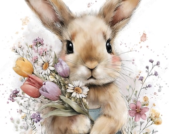 18 Floral Easter Bunny Clipart, Watercolor Spring Rabbits with Flowers JPG Graphics