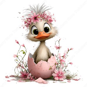May include: A charming cartoon duckling emerges from a cracked pink egg, adorned with a floral crown. The duckling has large, expressive eyes and an orange beak. Pink flowers and green vines surround the egg, creating a whimsical, springtime scene.