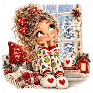 May include: A digital illustration of a curly-haired person in Grinch-patterned pyjamas and white heart-patterned slippers, sitting with a sleeping kitten on a red plaid blanket. A red cushion reads Cozy Christmas Days, and books read Hot Cocoa, Christmas Wishes, and A Brighter Tomorrow.