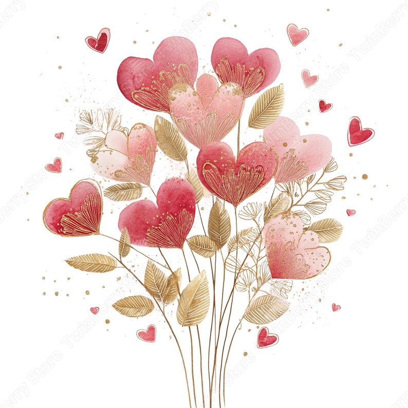 20 Pink & Gold Hearts Clipart PNG, Elegant Watercolor Valentine Hearts ...