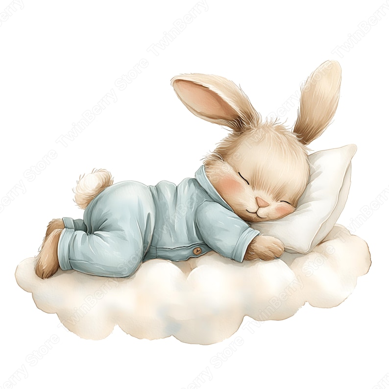 May include: A watercolour illustration of a sleeping bunny wearing light blue pyjamas, resting on a fluffy cloud and a white pillow. The bunny has closed eyes, pink cheeks, and long, upright ears. The image has a soft, dreamy aesthetic.