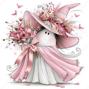 May include: A white ghost figure wearing a large pink witch hat adorned with dried roses, lace, and ribbons. The figure holds a bouquet of pink roses tied with a pink satin ribbon. Small pink bats and sparkling star accents surround the figure.