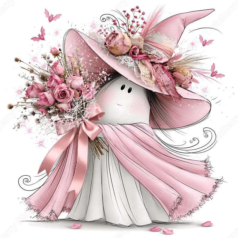 May include: A white ghost figure wearing a large pink witch hat adorned with dried roses, lace, and ribbons. The figure holds a bouquet of pink roses tied with a pink satin ribbon. Small pink bats and sparkling star accents surround the figure.