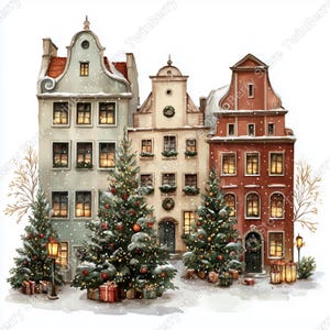 Puede incluir: Ilustraci&oacute;n en acuarela de tres edificios de estilo europeo con tejados nevados. Los &aacute;rboles de Navidad con adornos y luces se alzan frente a los edificios. Los regalos est&aacute;n en la base de los &aacute;rboles y una farola est&aacute; encendida.