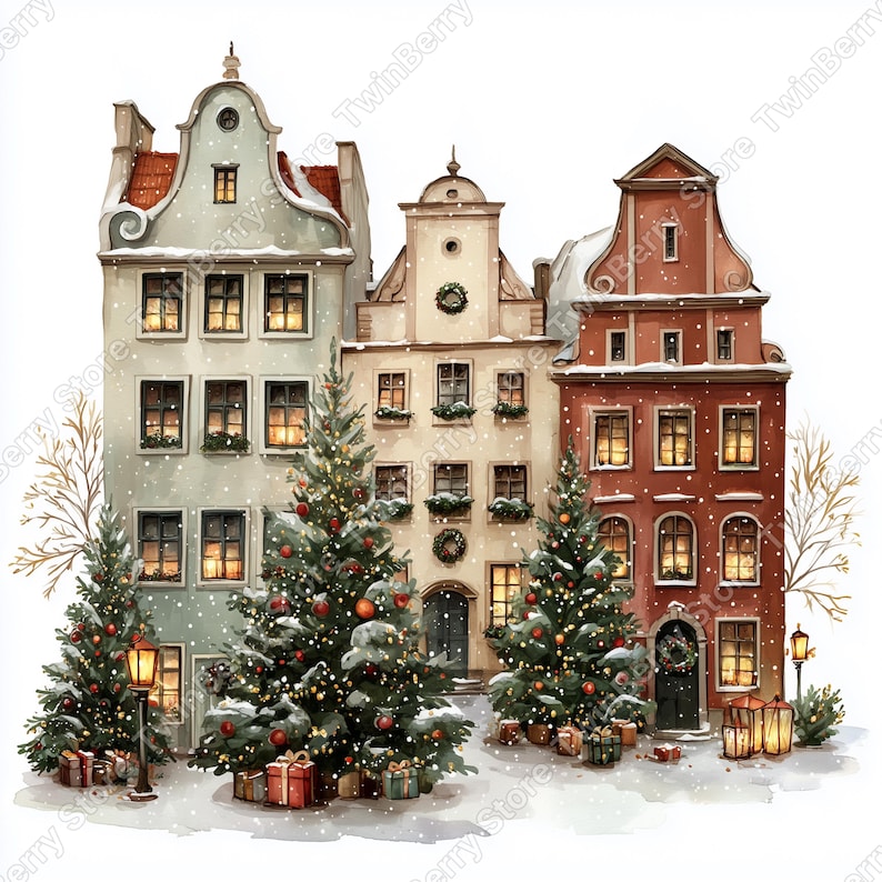 Puede incluir: Ilustraci&oacute;n en acuarela de tres edificios de estilo europeo con tejados nevados. Los &aacute;rboles de Navidad con adornos y luces se alzan frente a los edificios. Los regalos est&aacute;n en la base de los &aacute;rboles y una farola est&aacute; encendida.