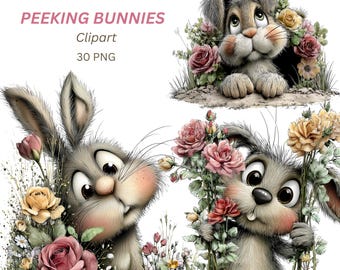 Op de afbeelding: Digitale clipart met drie cartoonkonijnen omringd door bloemen. De konijnen zijn grijs met roze wangen en grote ogen. De tekst "PEEKING BUNNIES Clipart 30 PNG" staat bovenaan. De bloemen zijn roze en gele rozen.