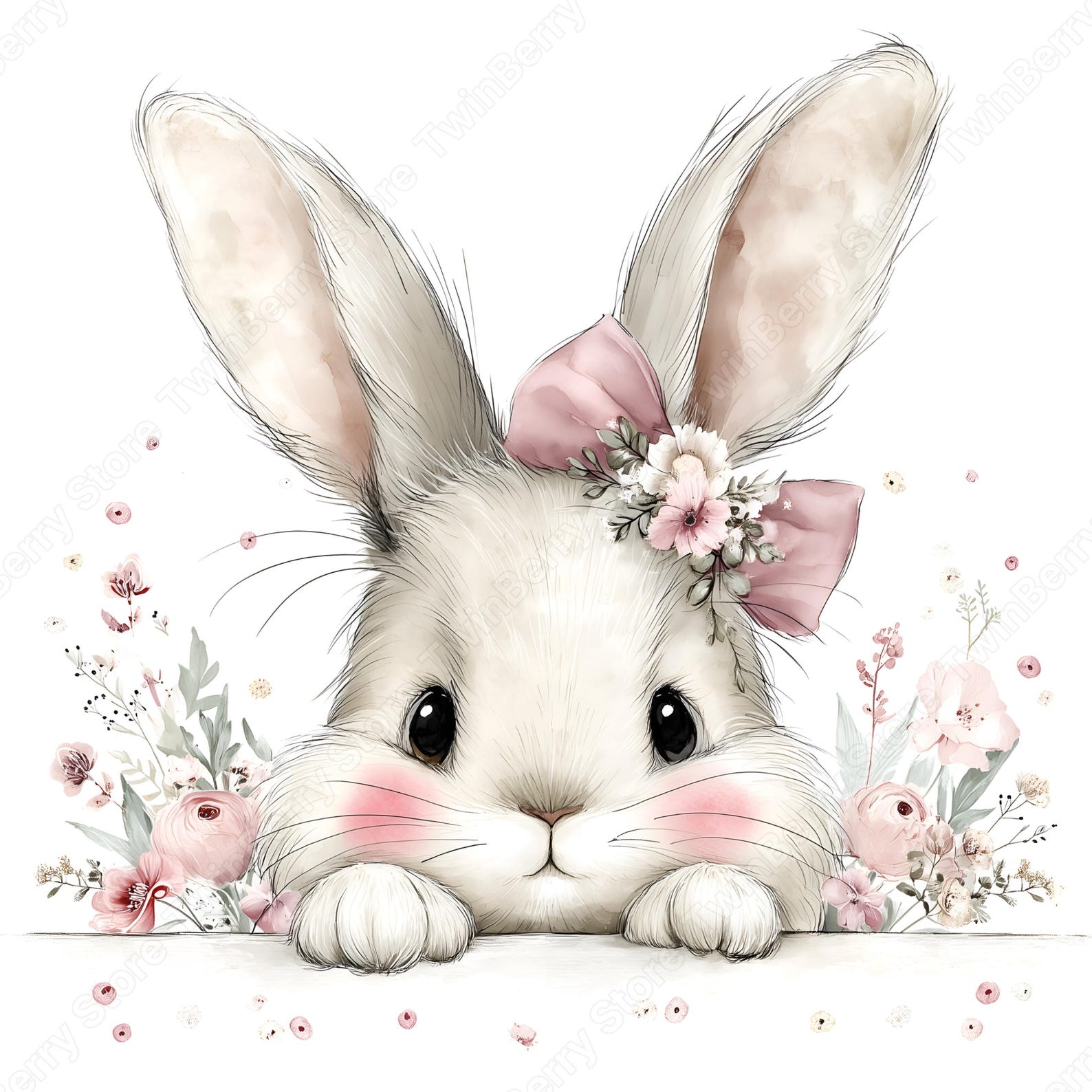 Pink Rabbit Jpeg Pink Bunny JPEG, 18 Whimsical Rabbit Clipart With Bows for Baby Shower ...