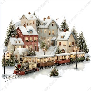 Puede incluir: Ilustraci&oacute;n en acuarela de un pueblo navide&ntilde;o nevado con casas, &aacute;rboles de hoja perenne y un tren. El tren est&aacute; decorado con una corona y tiene varios vagones de pasajeros. Las casas tienen tejados cubiertos de nieve y ventanas iluminadas.