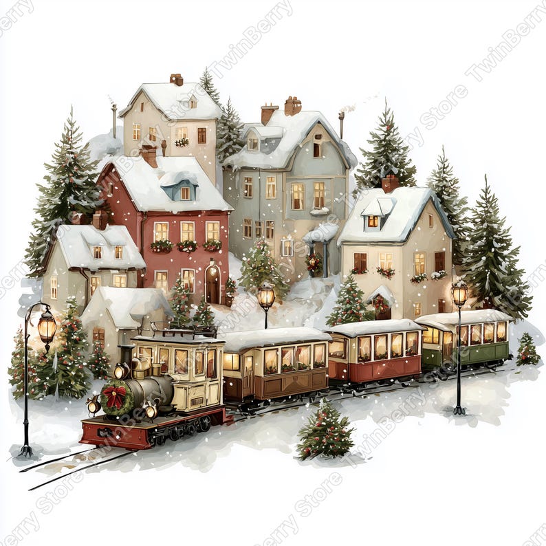 Puede incluir: Ilustraci&oacute;n en acuarela de un pueblo navide&ntilde;o nevado con casas, &aacute;rboles de hoja perenne y un tren. El tren est&aacute; decorado con una corona y tiene varios vagones de pasajeros. Las casas tienen tejados cubiertos de nieve y ventanas iluminadas.