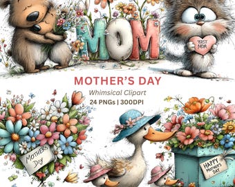 Moederdag dieren png, 24 eigenzinnige aquarel clipart met bloemen en moedertekst