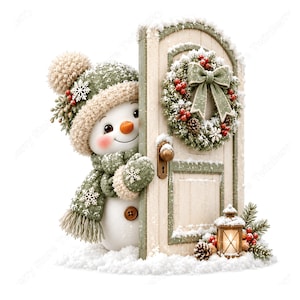 May include: A snowman wearing a green knit hat and scarf with snowflake patterns peeks from behind a light-colored wooden door. The door features a festive wreath with red berries and a lit lantern sits on the snow-covered ground nearby.