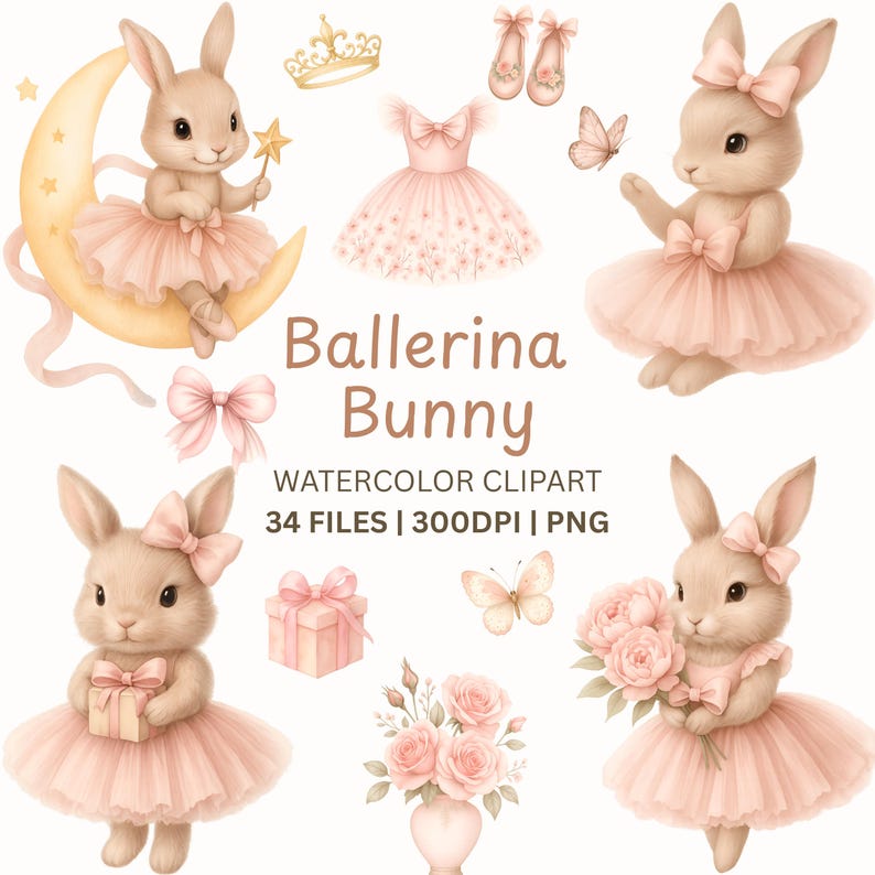 34 Ballerina Bunny Clipart PNG - Premium Watercolor Ballet Rabbits ...