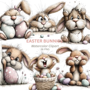 36 Conejitos de Pascua PNG, paquete de gráficos de conejitos peludos y caprichosos con huevos