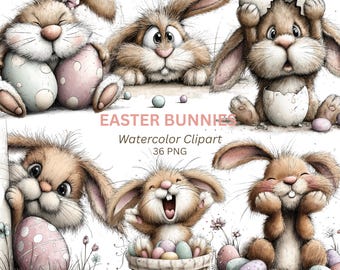 36 Easter Bunny Clipart PNG, Whimsical Fuzzy Bunnies with Eggs Graphics Bundle