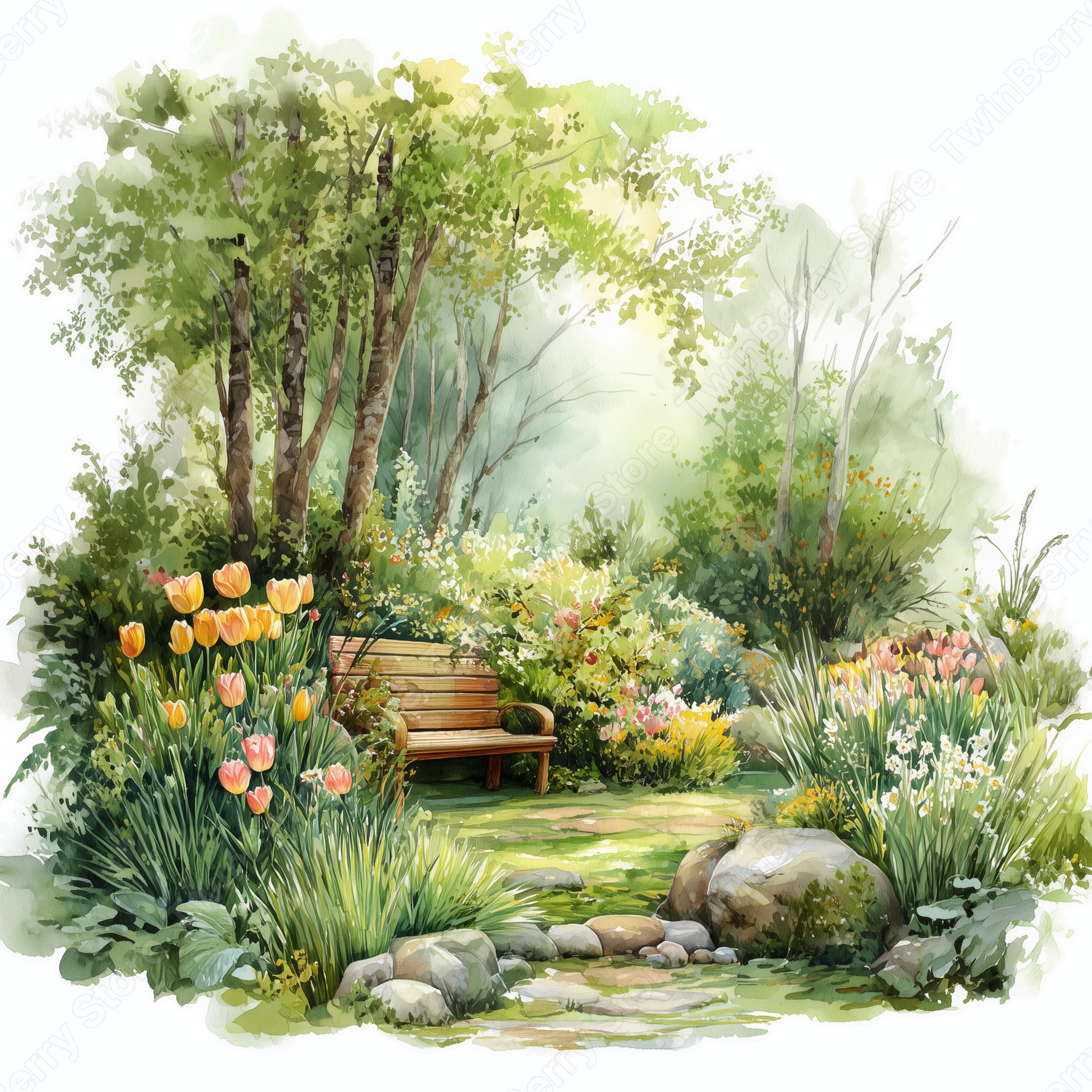 Spring Meadow Graphics Spring Clipart JPG, 20 Watercolor Landscape Lake Mountain Meadow ...