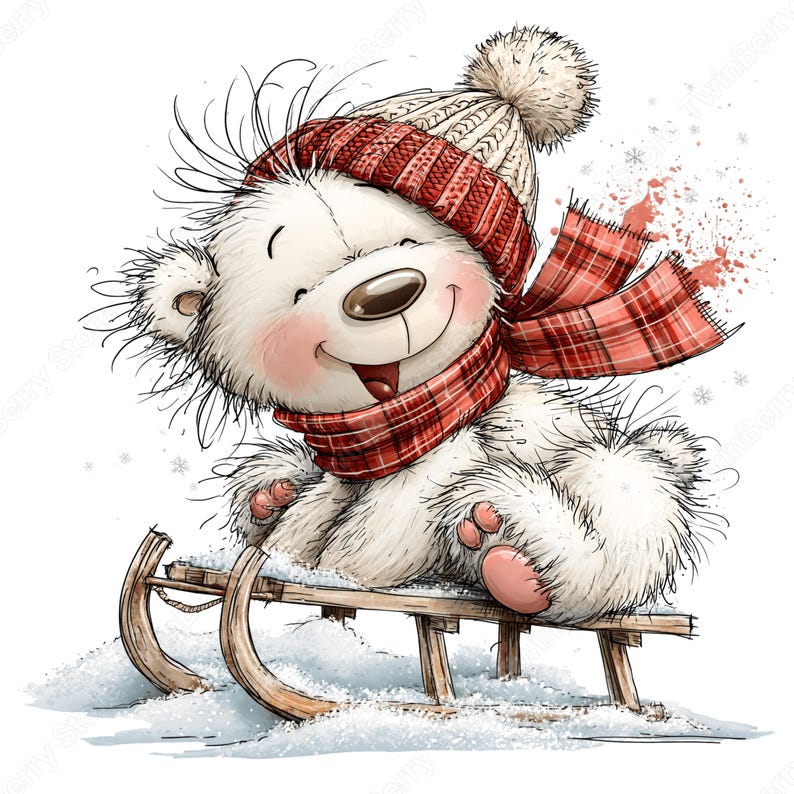 Puede incluir: Un oso de peluche blanco y esponjoso con mejillas sonrosadas que lleva un gorro de punto rojo y blanco con un pomp&oacute;n y una bufanda de cuadros rojos a juego, sentado en un trineo de madera sobre la nieve. La ilustraci&oacute;n muestra un oso sonriente.