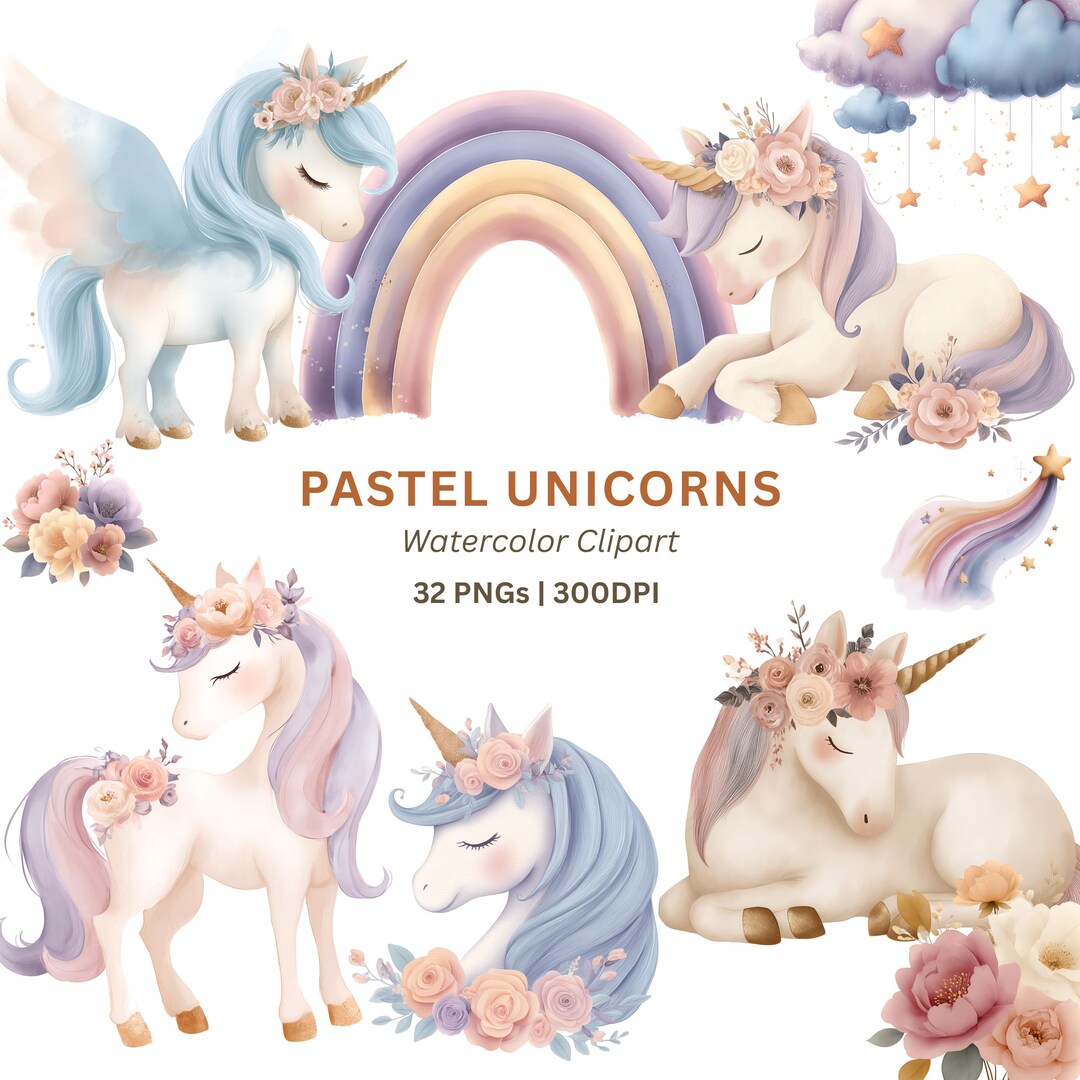 Unicorn Clipart PNG, 32 Watercolor Pastel Unicorns With Rainbows and ...