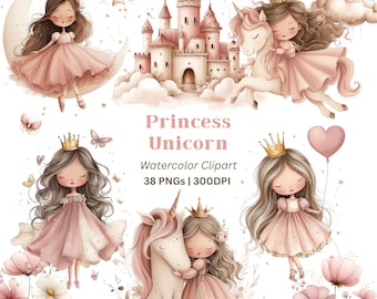 Clipart de Princesa Unicornio en Acuarela, Reino Mágico (38 PNG) (Descarga digital)