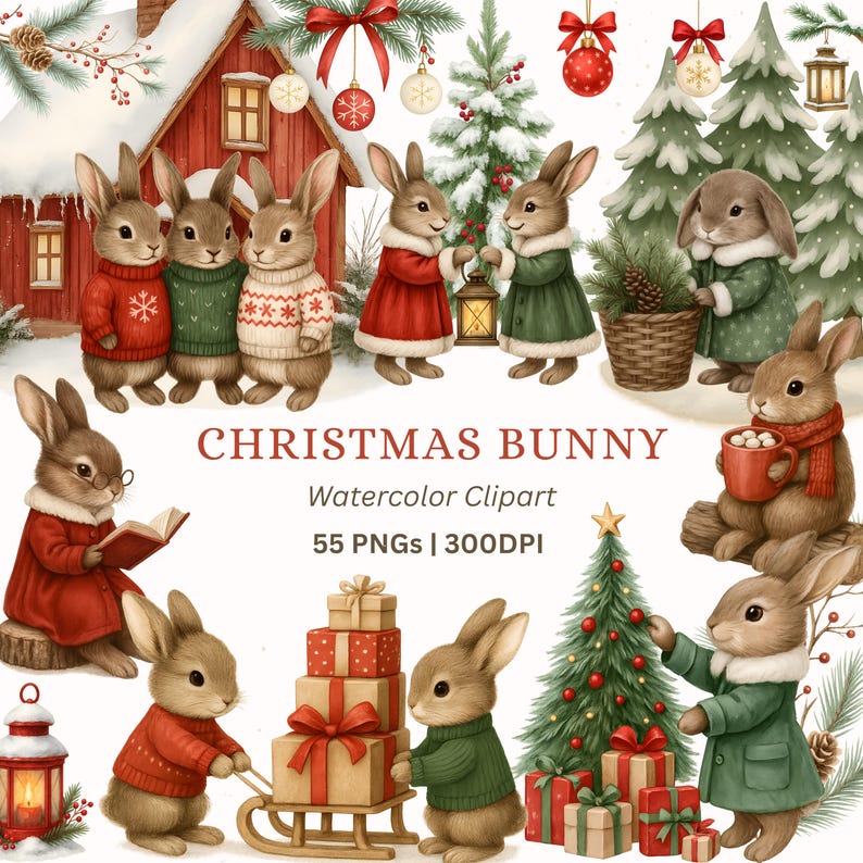 Christmas Bunny Clipart, Watercolor Vintage Holiday Animals (digital ...