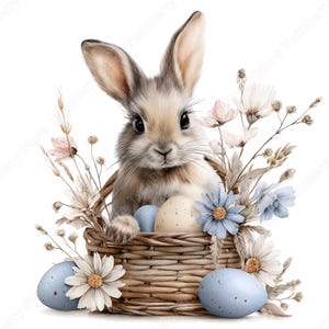 Easter Clipart JPG, 15 Blue Floral Bunny Daisy Watercolor Graphics Bundle