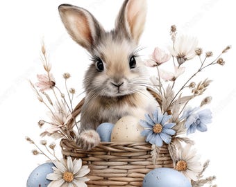 Easter Clipart JPG, 15 Blue Floral Bunny Daisy Watercolor Graphics Bundle