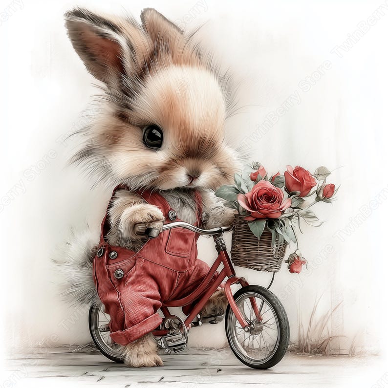 May include: A charming illustration of a bunny riding a red bicycle. The bunny wears red overalls and carries a basket of red roses. The bicycle has black tires and a wicker basket. The bunny has brown and tan fur.