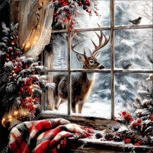 Peut inclure: Scène hivernale à travers une fenêtre, avec un cerf aux grands bois regardant une forêt enneigée. La fenêtre est ornée de baies rouges et de branches de pin. Une couverture à carreaux rouge et noir repose sur le rebord de la fenêtre, créant une atmosphère chaleureuse et festive.