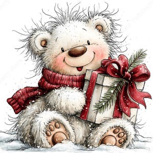 Puede incluir: Un oso de peluche blanco y esponjoso con pelaje desordenado, mejillas sonrosadas y nariz marr&oacute;n, que lleva una bufanda roja de punto. El oso sostiene una caja de regalo blanca envuelta con una cinta roja y un lazo, con una rama de pino verde.