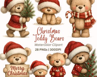 Imágenes prediseñadas de ositos de peluche navideños en acuarela - Paquete de gráficos festivos navideños - Descarga digital (28 archivos)