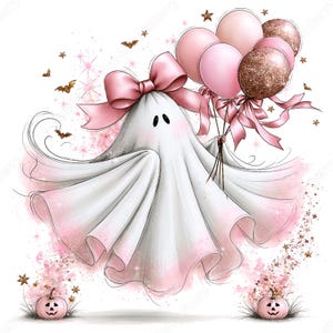 May include: A white ghost illustration featuring a large pink bow on its head, holding a cluster of pink and glittery bronze balloons. The ghost is surrounded by small gold stars, tiny bats, and two small pink jack-o'-lanterns at the bottom.
