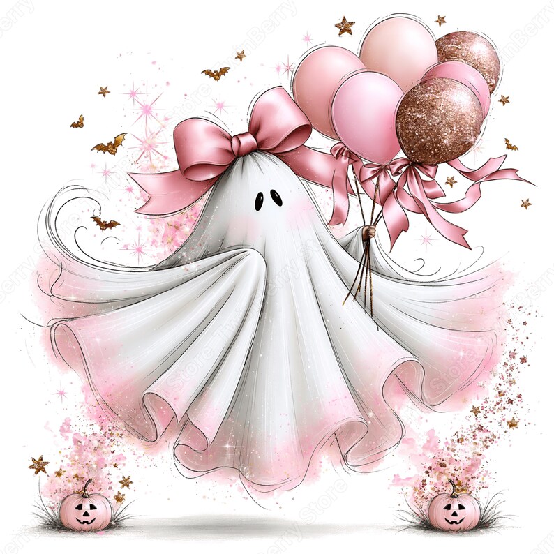 May include: A white ghost illustration featuring a large pink bow on its head, holding a cluster of pink and glittery bronze balloons. The ghost is surrounded by small gold stars, tiny bats, and two small pink jack-o'-lanterns at the bottom.