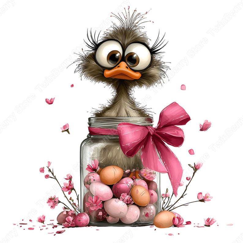 May include: A whimsical illustration features a cartoon duckling with large eyes peering out of a glass jar filled with Easter eggs. A large pink bow adorns the jar, and pink blossoms surround it, creating a festive spring theme.