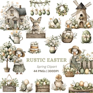 Puede incluir: Una colección de ilustraciones en acuarela con temática rústica de Pascua. La imagen incluye una casa, un molino de viento, un conejito, patitos, huevos y arreglos florales. El texto dice "RUSTIC EASTER Spring Clipart 44 PNGs | 300DPI".