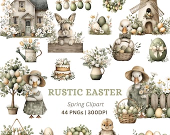 May include: A collection of watercolor illustrations with a rustic Easter theme. The image includes a house, windmill, bunny, ducklings, eggs, and floral arrangements. Text reads "RUSTIC EASTER Spring Clipart 44 PNGs | 300DPI".
