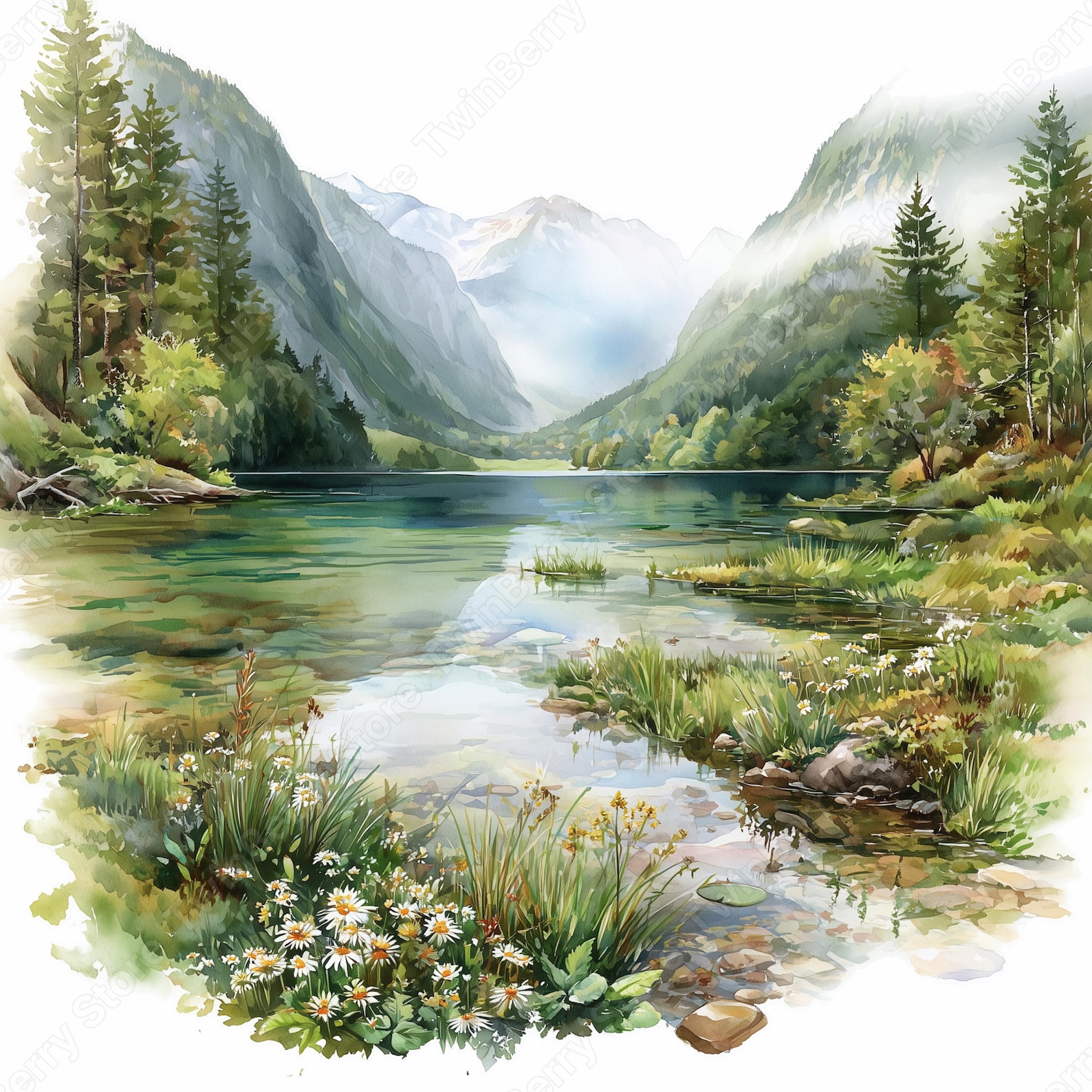 Spring Meadow Graphics Spring Clipart JPG, 20 Watercolor Landscape Lake Mountain Meadow ...