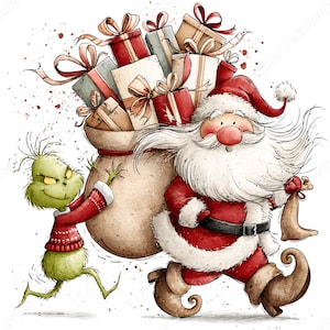 Op de afbeelding: Een aquarelillustratie van de Kerstman in een rood pak met een witte baard die een grote zak vol ingepakte cadeautjes draagt, vergezeld door een klein groen wezen in een rode trui dat de zak van achteren duwt op een witte achtergrond.