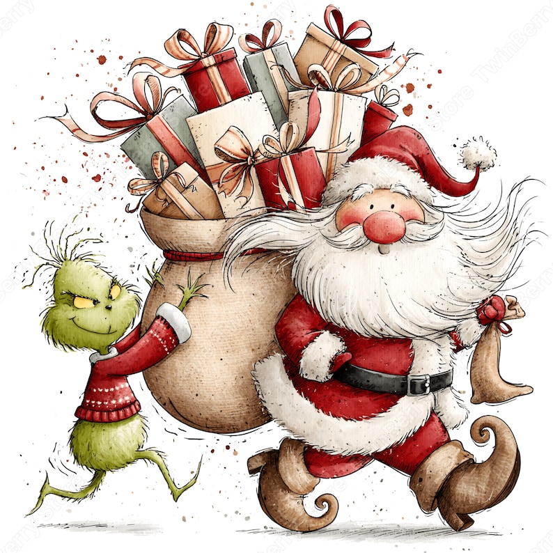 Op de afbeelding: Een aquarelillustratie van de Kerstman in een rood pak met een witte baard die een grote zak vol ingepakte cadeautjes draagt, vergezeld door een klein groen wezen in een rode trui dat de zak van achteren duwt op een witte achtergrond.