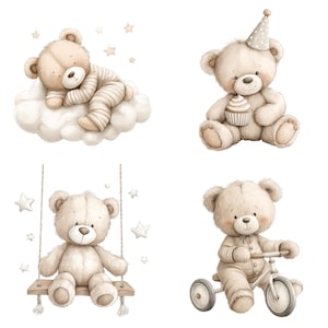 Watercolor Teddy Bear Clipart: Boho Nursery PNG Images (Digital Download - 40 PNGs) image 3