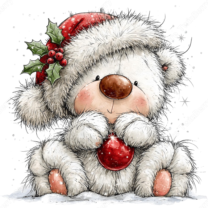 Puede incluir: Una ilustraci&oacute;n de un oso de peluche blanco y esponjoso que lleva un gorro de Pap&aacute; Noel rojo adornado con hojas de acebo verdes y bayas rojas. El oso tiene una nariz marr&oacute;n, mejillas sonrosadas y sostiene una bola de Navidad roja brillante.