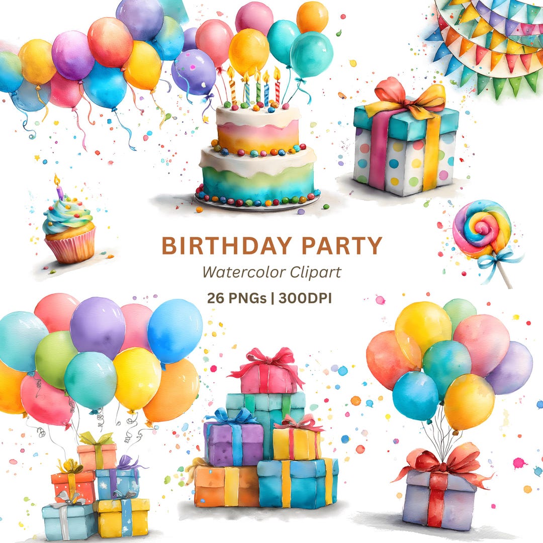 Birthday Clipart PNG, 26 Watercolor Rainbow Cake Balloon Bouquet and ...