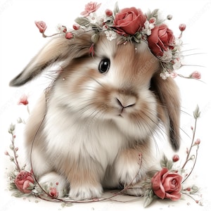 May include: A digital illustration of a brown and white bunny wearing a floral crown of red roses and white flowers. The bunny has long ears and is surrounded by a floral wreath with red roses and green leaves. The background is white.