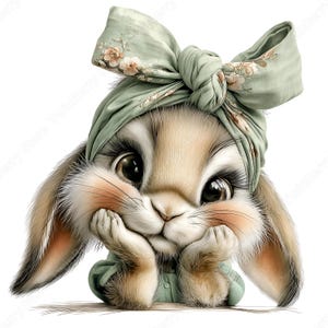 Spring Bunny Girl JPG, 21 Watercolor Rabbit Clipart in Sage Green with Flowers