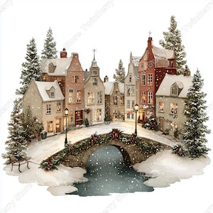 Puede incluir: Ilustraci&oacute;n en acuarela de una escena de pueblo nevado. Edificios con ventanas iluminadas bordean una calle y un puente cubiertos de nieve. Los &aacute;rboles de hoja perenne y la nieve que cae se suman al tema de las vacaciones de invierno. Un banco se encuentra en el lado izquierdo del puente.
