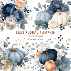 Pode incluir: Ilustração em aquarela de outono com abóboras azuis e brancas, flores e folhagens. O texto diz "BLUE FLORAL PUMPKIN", "Autumn Clipart" e "35 PNGs | 300DPI". O design inclui tons de azul, branco e laranja, perfeito para o outono.